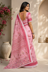 Dista Elora Baby Pink Chanderi Cotton Floral Printed Ready To Wear Saree, view 3