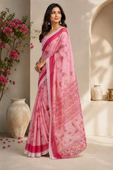 Dista Elora Baby Pink Chanderi Cotton Floral Printed Ready To Wear Saree, view 4