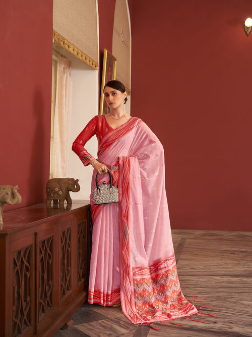 Dista Elora Baby Pink Handloom slub Embroidered Designer Saree for Women