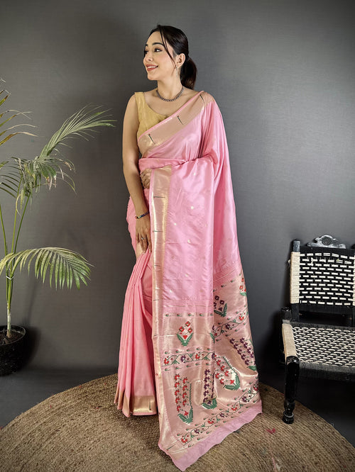 Dista Elora Baby Pink Lichi Silk Floral Ikat Motifs Zari weaving Paithani Saree
