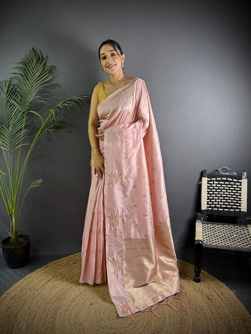 Dista Elora Baby Pink Lichi Silk Flower Zari Weaving Banarasi Saree