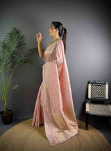 Dista Elora Baby Pink Lichi Silk Flower Zari Weaving Banarasi Saree, view 2