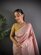 Dista Elora Baby Pink Lichi Silk Flower Zari Weaving Banarasi Saree, view 3