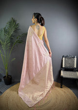 Dista Elora Baby Pink Lichi Silk Flower Zari Weaving Banarasi Saree, view 4
