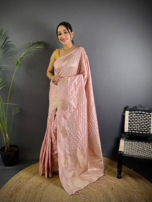 Dista Elora Baby Pink Lichi Silk Striped Jacquard Zari Weaving Banarasi Saree