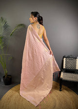Dista Elora Baby Pink Lichi Silk Striped Jacquard Zari Weaving Banarasi Saree, view 2