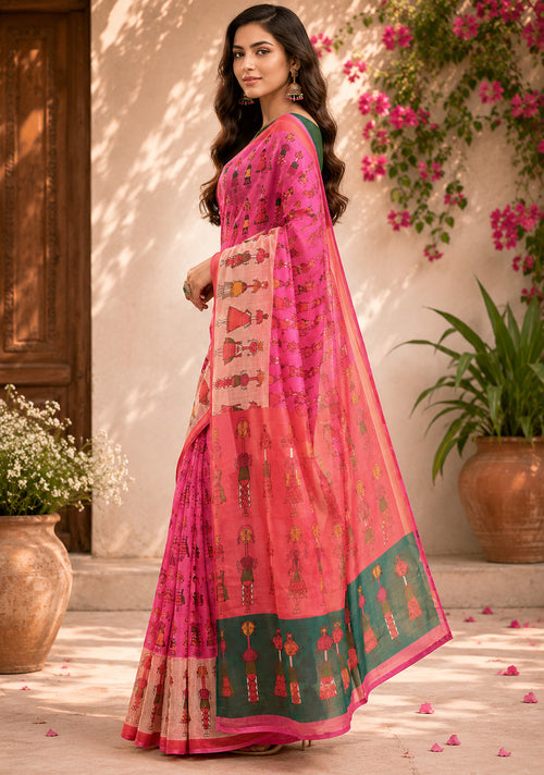 Dista Elora Baby Pink Linen Folk Figurines Digital Print Bollywood Saree