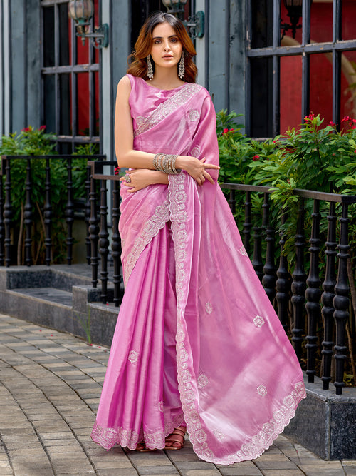 Dista Elora Baby Pink Shimmer Chiffon Geometric Embroidery Work Bollywood Saree