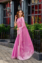 Dista Elora Baby Pink Shimmer Chiffon Geometric Embroidery Work Bollywood Saree, view 2