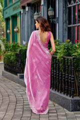 Dista Elora Baby Pink Shimmer Chiffon Geometric Embroidery Work Bollywood Saree, view 4