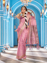 Dista Elora Baby Pink Soft Silk Butti Banarasi Silk Zari Jacquard Work Designer Saree, view 3