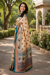 Dista Elora Beige Chanderi Cotton Geometric & Block Print Style Printed Ready To Wear Saree, view 2