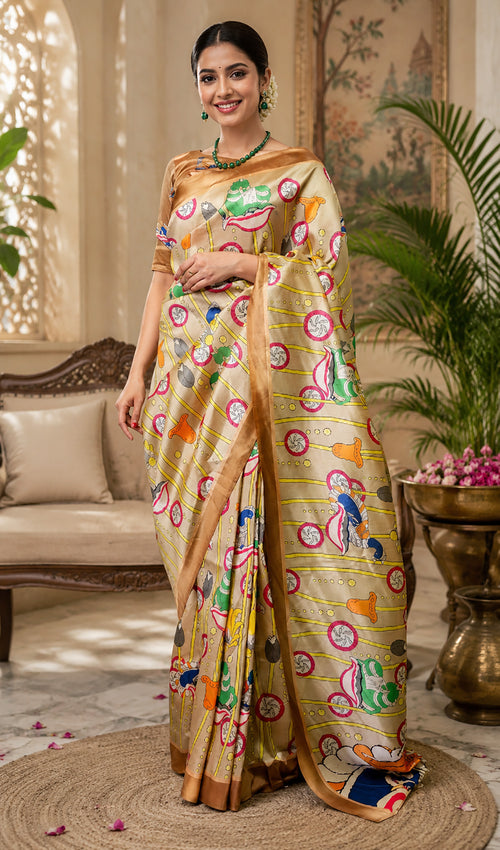 Dista Elora Beige Chanderi Cotton Kalamkari Printed Ready To Wear Saree
