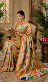 Dista Elora Beige Chanderi Cotton Kalamkari Printed Ready To Wear Saree, view 2
