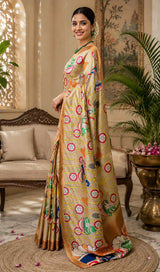 Dista Elora Beige Chanderi Cotton Kalamkari Printed Ready To Wear Saree, view 3