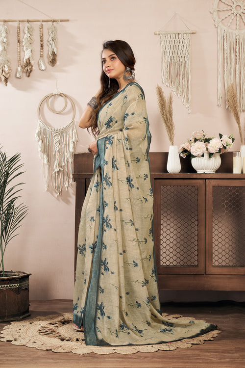 Dista Elora Beige Linen Floral Printed Ready to Wear Saree