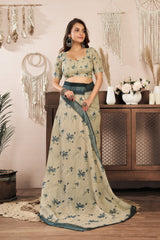 Dista Elora Beige Linen Floral Printed Ready to Wear Saree, view 2