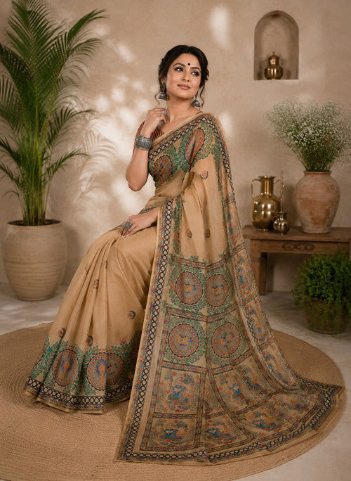 Dista Elora Beige Linen Madhubani Digital Print Bollywood Saree