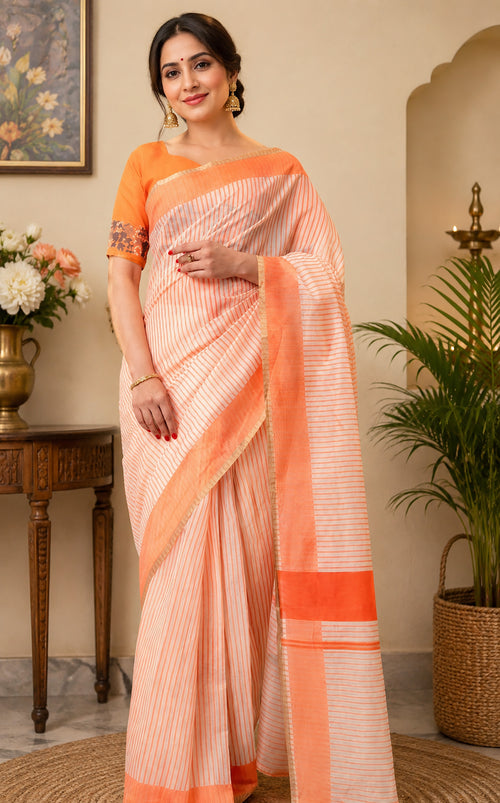 Dista Elora Beige & Orange Chanderi Cotton Striped Printed Ready To Wear Saree