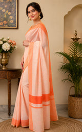 Dista Elora Beige & Orange Chanderi Cotton Striped Printed Ready To Wear Saree, view 2
