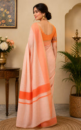 Dista Elora Beige & Orange Chanderi Cotton Striped Printed Ready To Wear Saree, view 3