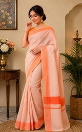 Dista Elora Beige & Orange Chanderi Cotton Striped Printed Ready To Wear Saree, view 4