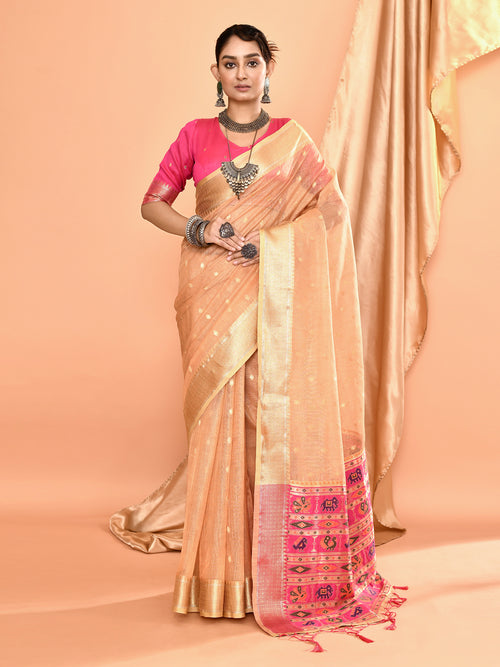 Dista Elora Beige Pure Linen Silk Ikat Butti Zari Weaving Saree
