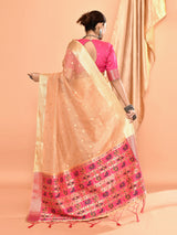 Dista Elora Beige Pure Linen Silk Ikat Butti Zari Weaving Saree, view 2