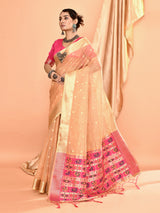 Dista Elora Beige Pure Linen Silk Ikat Butti Zari Weaving Saree, view 3