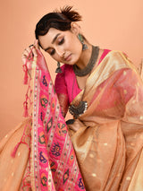 Dista Elora Beige Pure Linen Silk Ikat Butti Zari Weaving Saree, view 4