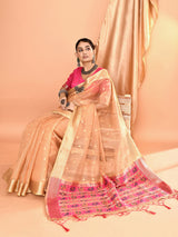 Dista Elora Beige Pure Linen Silk Ikat Butti Zari Weaving Saree, view 5