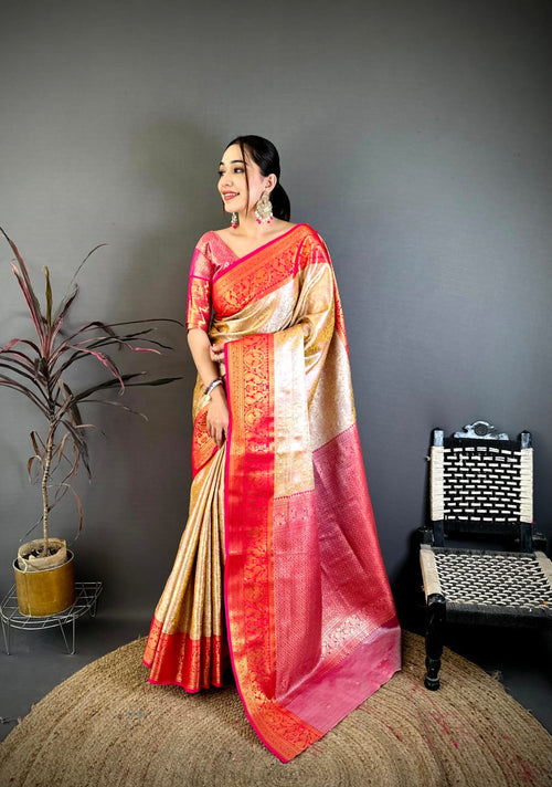 Dista Elora Beige & Red Soft Silk Floral Zari Weaving Banarasi Saree