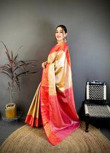 Dista Elora Beige & Red Soft Silk Floral Zari Weaving Banarasi Saree, view 2