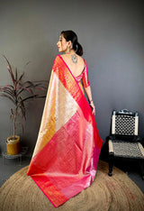 Dista Elora Beige & Red Soft Silk Floral Zari Weaving Banarasi Saree, view 3