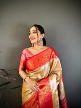 Dista Elora Beige & Red Soft Silk Floral Zari Weaving Banarasi Saree, view 4