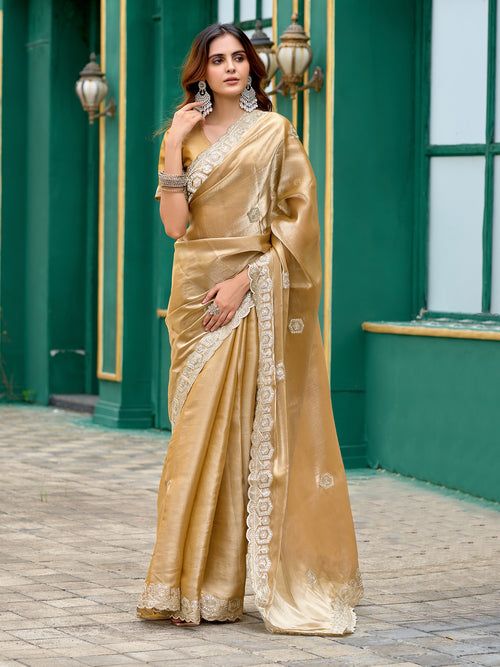 Dista Elora Beige Shimmer Chiffon Geometric Embroidery Work Bollywood Saree