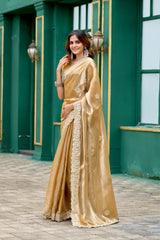 Dista Elora Beige Shimmer Chiffon Geometric Embroidery Work Bollywood Saree, view 2
