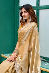 Dista Elora Beige Shimmer Chiffon Geometric Embroidery Work Bollywood Saree, view 4