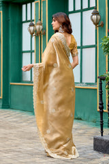Dista Elora Beige Shimmer Chiffon Geometric Embroidery Work Bollywood Saree, view 5