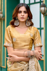 Dista Elora Beige Shimmer Chiffon Geometric Embroidery Work Bollywood Saree, view 6