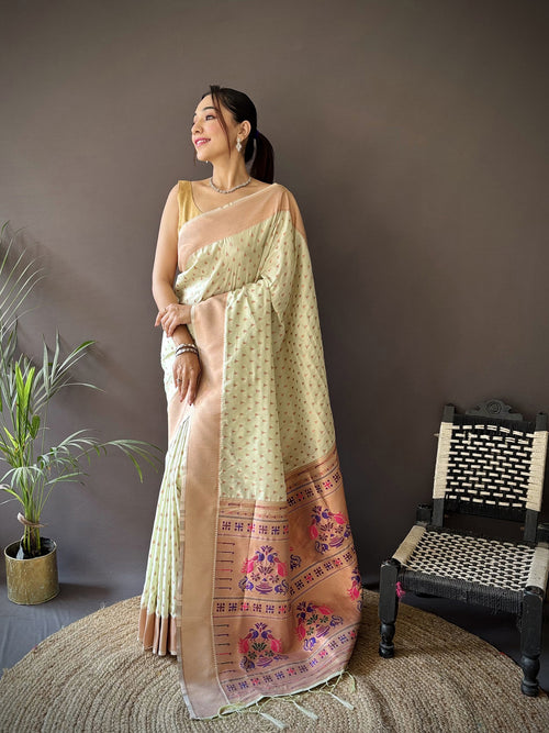 Dista Elora Beige Soft Lichi Silk Jacquard Butti Zari Weaving Paithani Saree