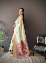 Dista Elora Beige Soft Lichi Silk Jacquard Butti Zari Weaving Paithani Saree, view 2