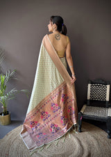 Dista Elora Beige Soft Lichi Silk Jacquard Butti Zari Weaving Paithani Saree, view 3