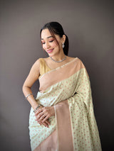 Dista Elora Beige Soft Lichi Silk Jacquard Butti Zari Weaving Paithani Saree, view 4