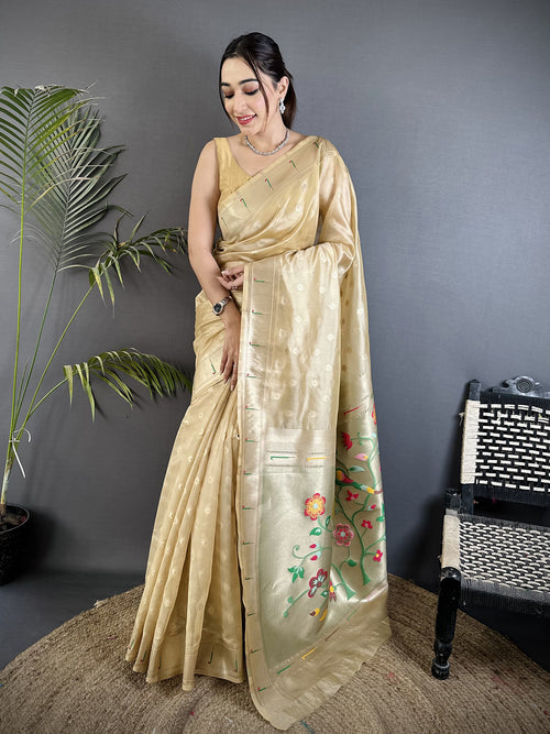 Dista Elora Beige Tissue Parrot & Floral Woven Design Paithani Saree