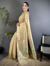 Dista Elora Beige Tissue Parrot & Floral Woven Design Paithani Saree, view 2