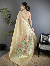 Dista Elora Beige Tissue Parrot & Floral Woven Design Paithani Saree, view 3