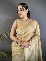 Dista Elora Beige Tissue Parrot & Floral Woven Design Paithani Saree, view 4