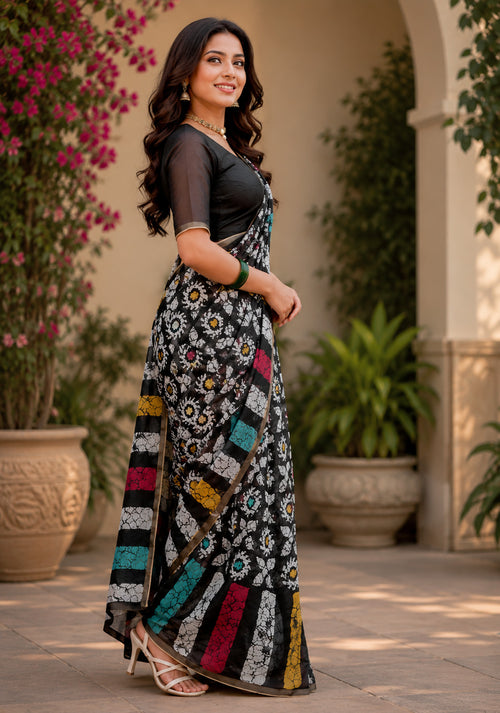 Dista Elora Black Chanderi Cotton Batik & Block Printed Ready To Wear Saree