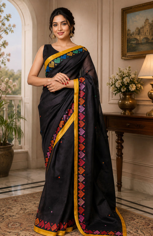 Dista Elora Black Chanderi Cotton Plain Printed Ready To Wear Saree